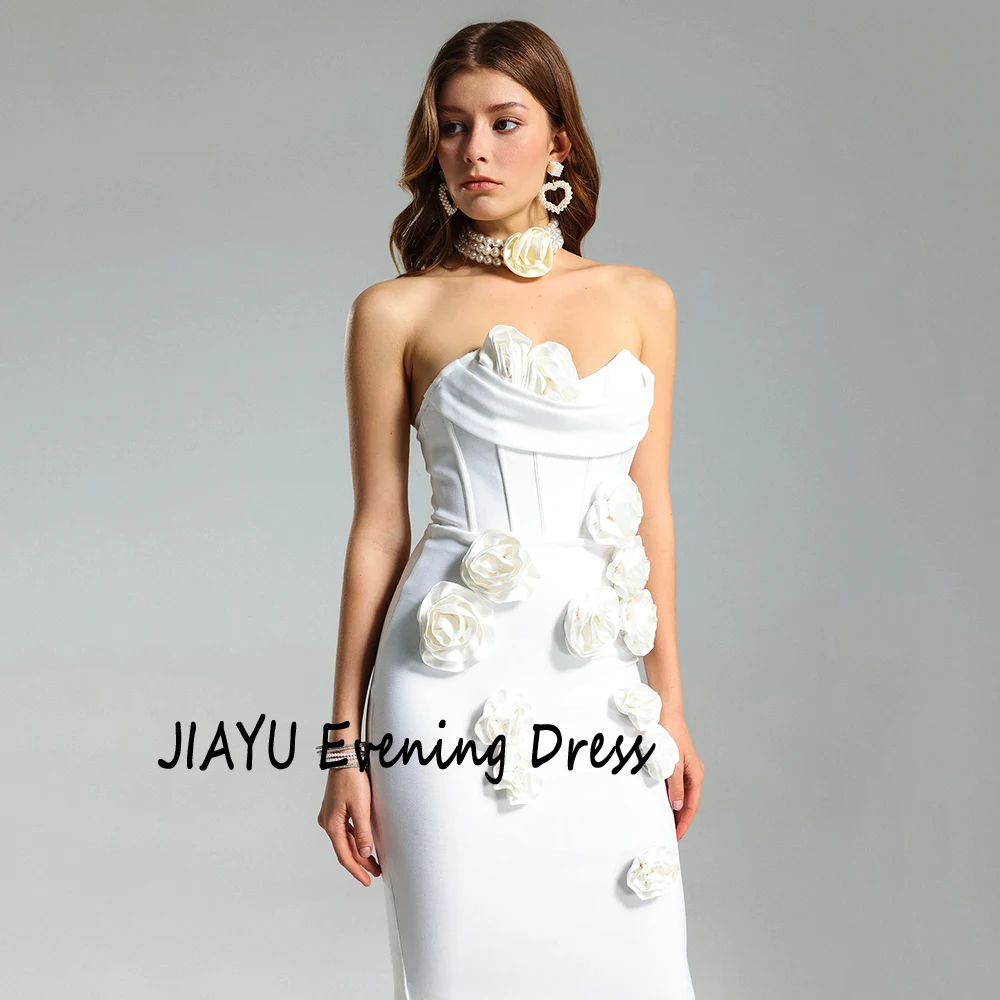 Abito da sera dritto in raso con applicazioni senza spalline personalizzate, senza schienale, con cerniera, lunghezza alla caviglia, abito da ballo alla caviglia