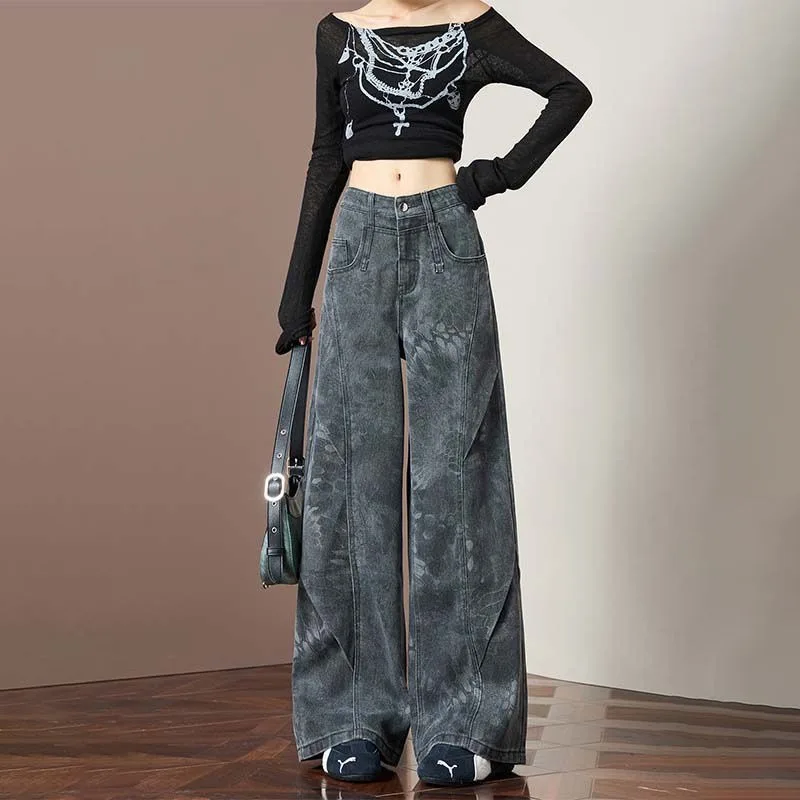 Nuevos pantalones vaqueros con estampado negro y gris para mujer, pantalones de pierna ancha Retro de cintura alta para otoño e invierno, pantalones vaqueros informales para mujer
