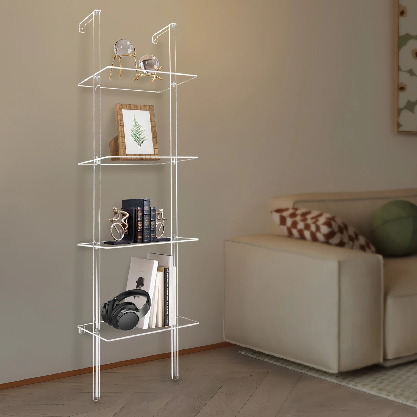 4 Tiers Acrylic Ladder Bookshelf Easy Installation Clear Wall Mounted Space-saving Shelf Home Decoration for Apartment Office