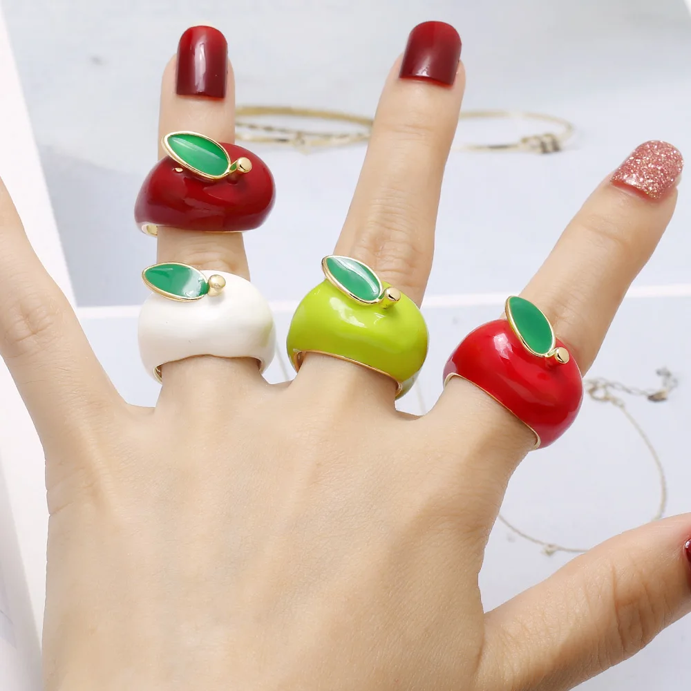 OCESRIO Multicolor Enamel Apple Statement Women Rings Copper Gold Plated Cute Fruit Adjustable Open Ring Fashion Jewelry rigs80