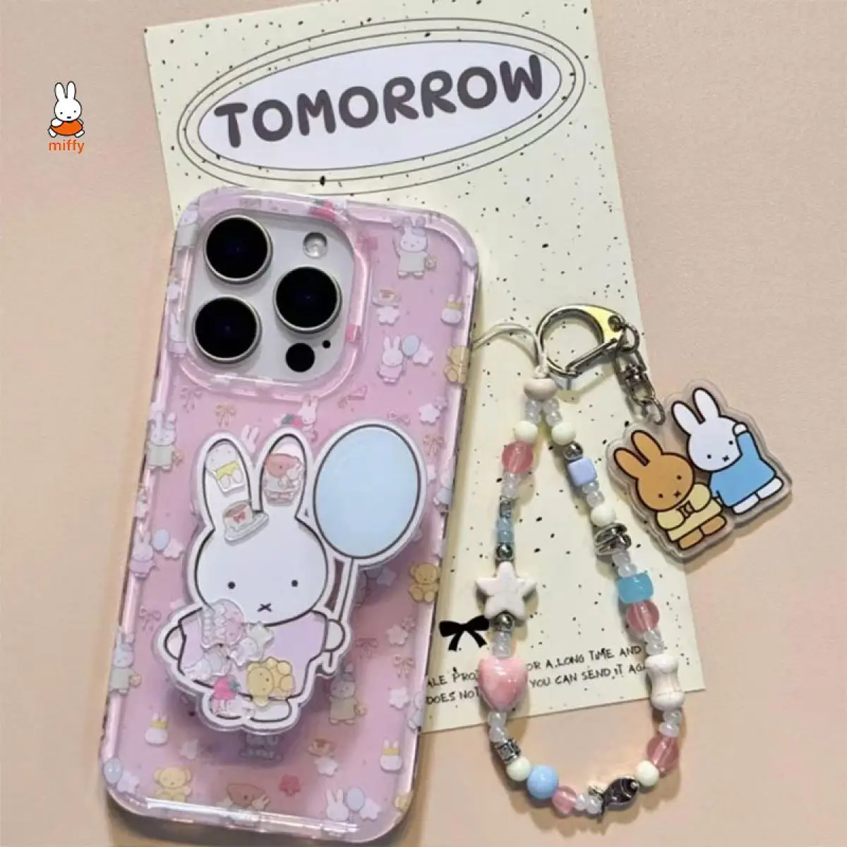 

Miffy Kawaii Cartoon Mobile Phone Case Cute Rabbit Anime Beaded Lanyard Phone Case Suitable for 16Pmiphone151413