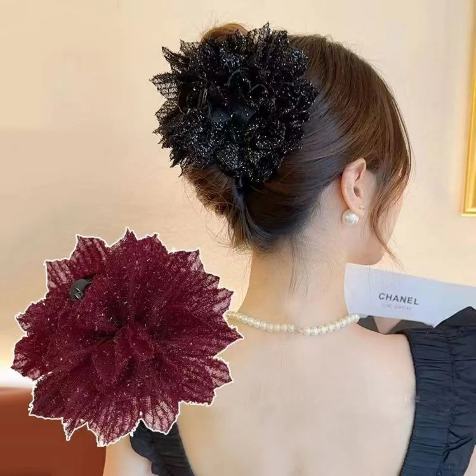 1PC Glittery Mesh Flower Hair Clips,Black & Burgundy Retro-Style Hair Accessories For Women, Stylish Daily Wear Party Decor