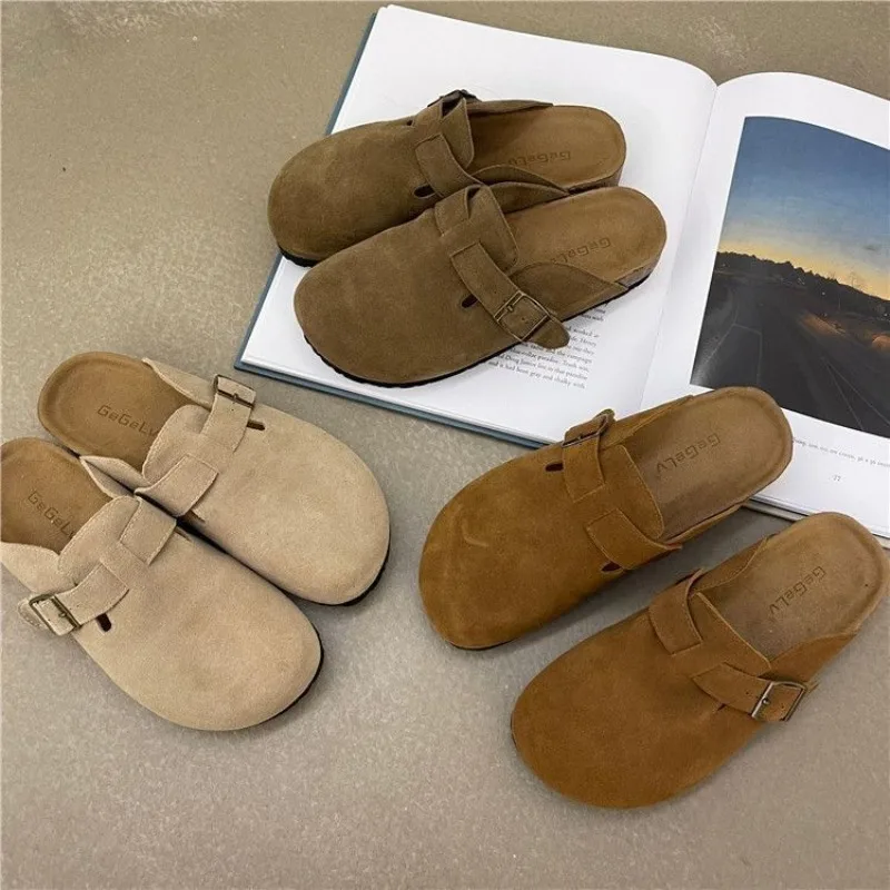 Women's Closed Toe Cork Sandals Cow Suede Leather Clogs Slippers for Women Retro Flat Shoes Garden Mule Clog Slides Women Shoes