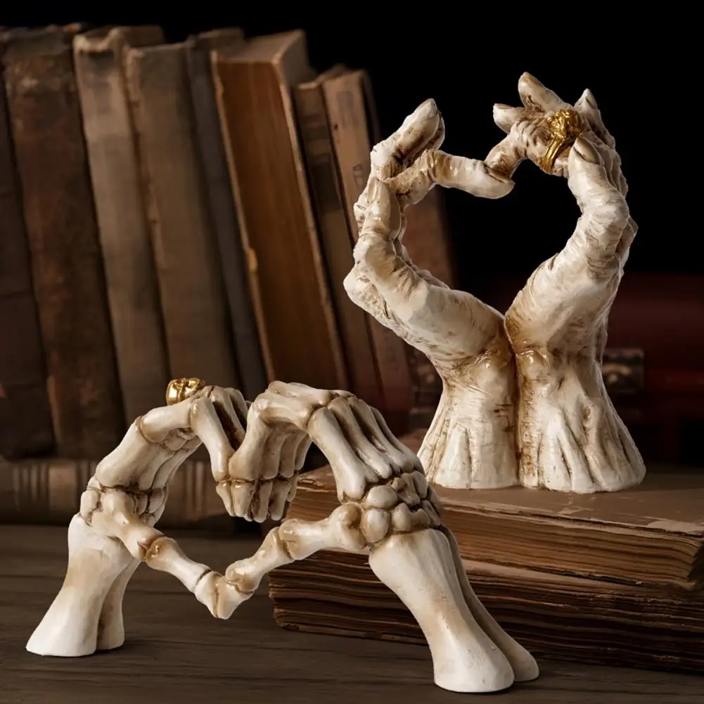 Love Gesture Skeleton Hand Statue Skeleton Hand Figurine Resin Sculpture Love Heart Gesture Halloween Ornament for Home Office