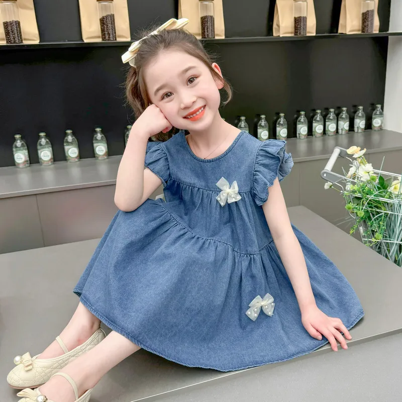 2026New Girls' Flutter Sleeve Denim Dress Children's Fashion Little Girl Princess Dress for Young Girls