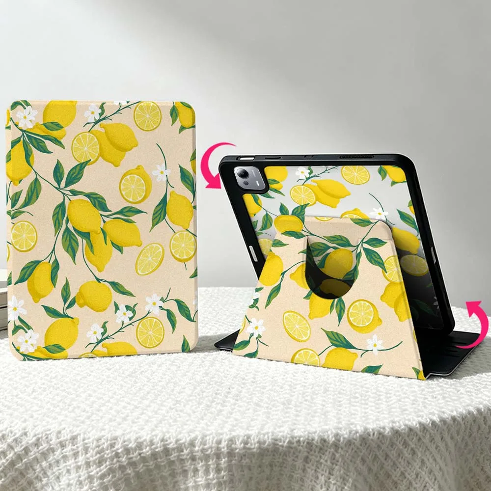 Yellow Lemon Pattern For Xiaomi Mi Redmi Poco Pad 8 7 7S 6 6S 5 SE Pro Ultra 360° Rotation Stylus Storage Tablet Case Soft