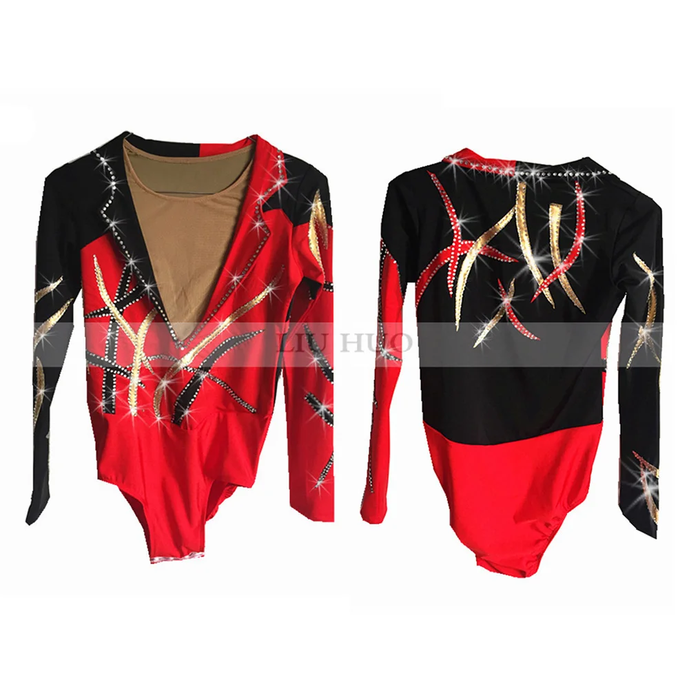 Figure Skating Top Men Boy Ice Shirt Red Spandex Rhinestone Costume High Elasticity Performance Wear Roller Leotard Competition