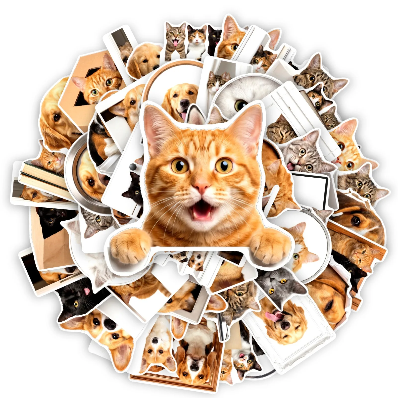 50 PCS Realistic Pet Cat Dog Funny Expression Fun Decorative Stickers Student Hand Account Material Non Repeated Decals