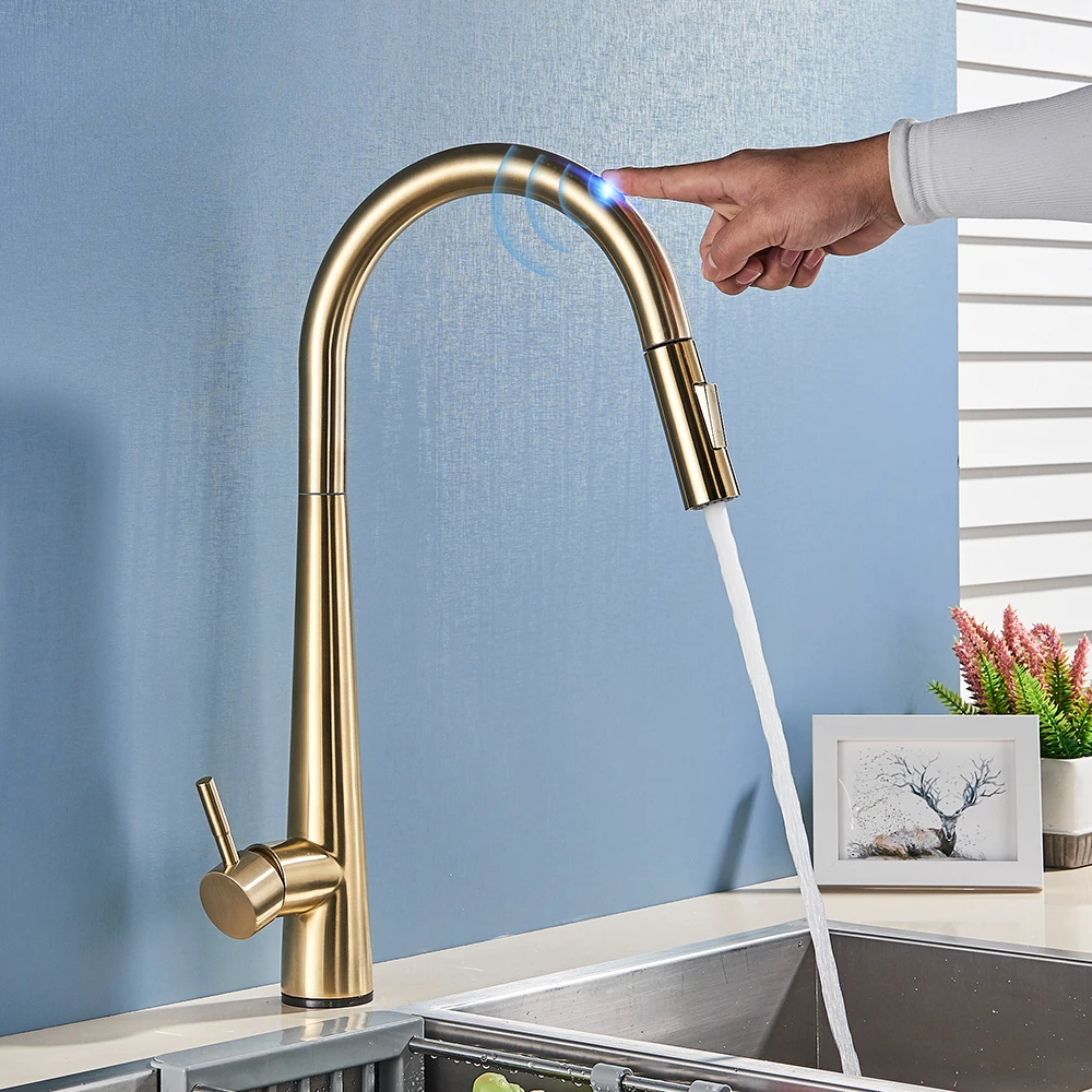 

Brushed Gold Sensor Kitchen Faucet 360 Degree Rotate Stream & Sprayer Mode Pull Out Sprinkler Hot Cold Water Mixer Tap