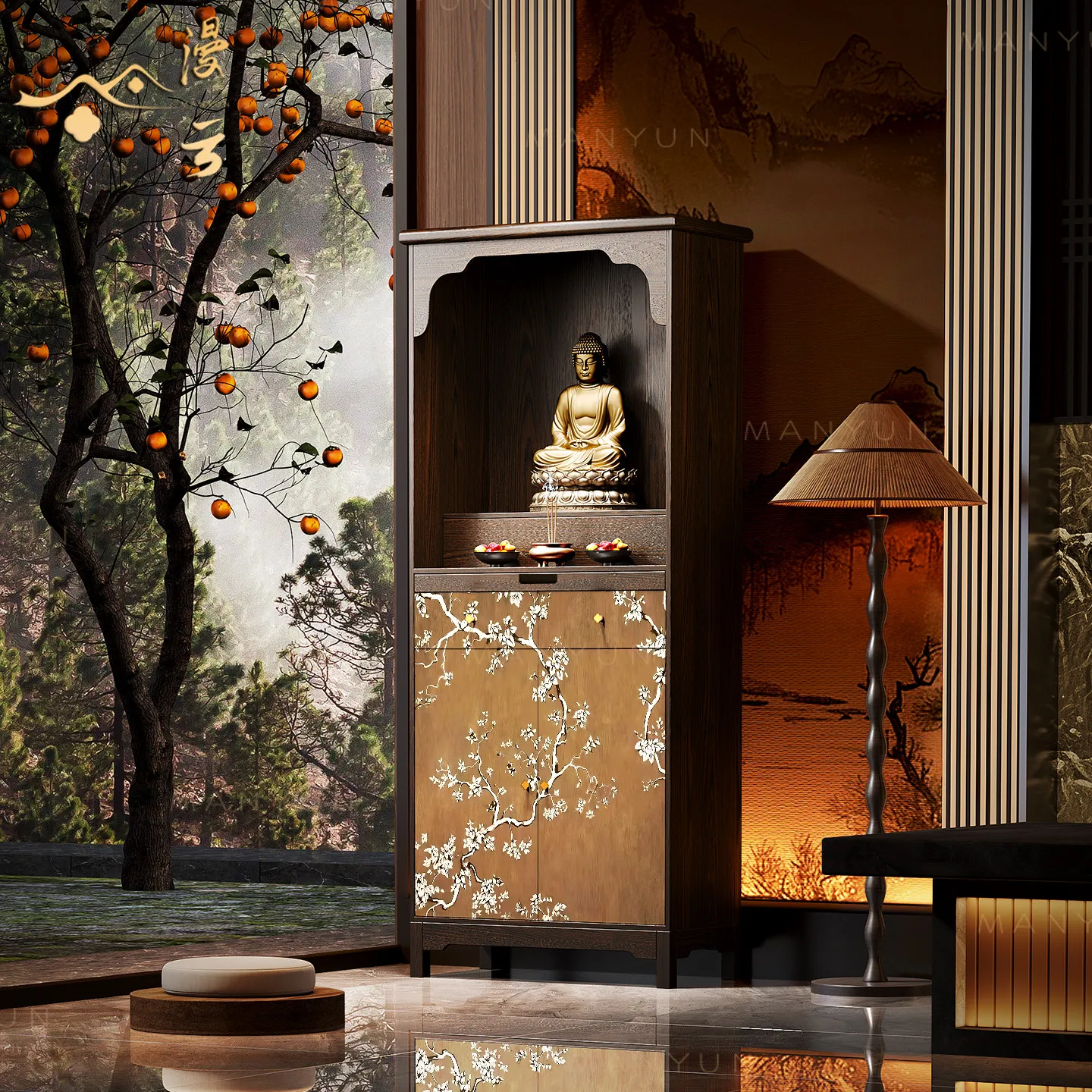 DSA solid wood Buddha niche, cold plum blossom reflecting gold, offering table, God of Wealth New Chinese upright cabinet,
