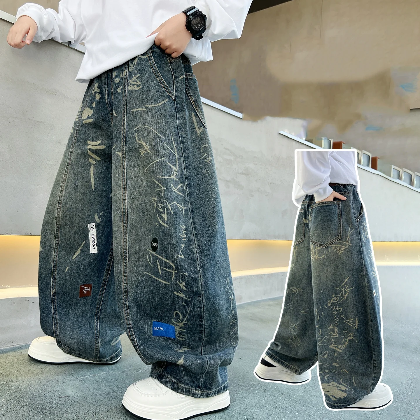 Kids Trendy Graffiti Jeans High Street Boys Loose Wide Leg Straight Casual Denim Pants Autumn New Arrival Children's Trousers