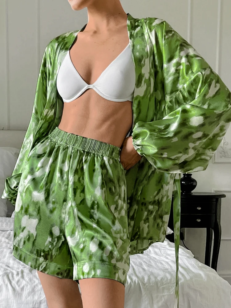 Hiloc Loose Women\'s Home Clothes 2 Piece Sets Green Print Long Sleeve Sleepwear Female Casual Suits With Shorts Autumn Fashion