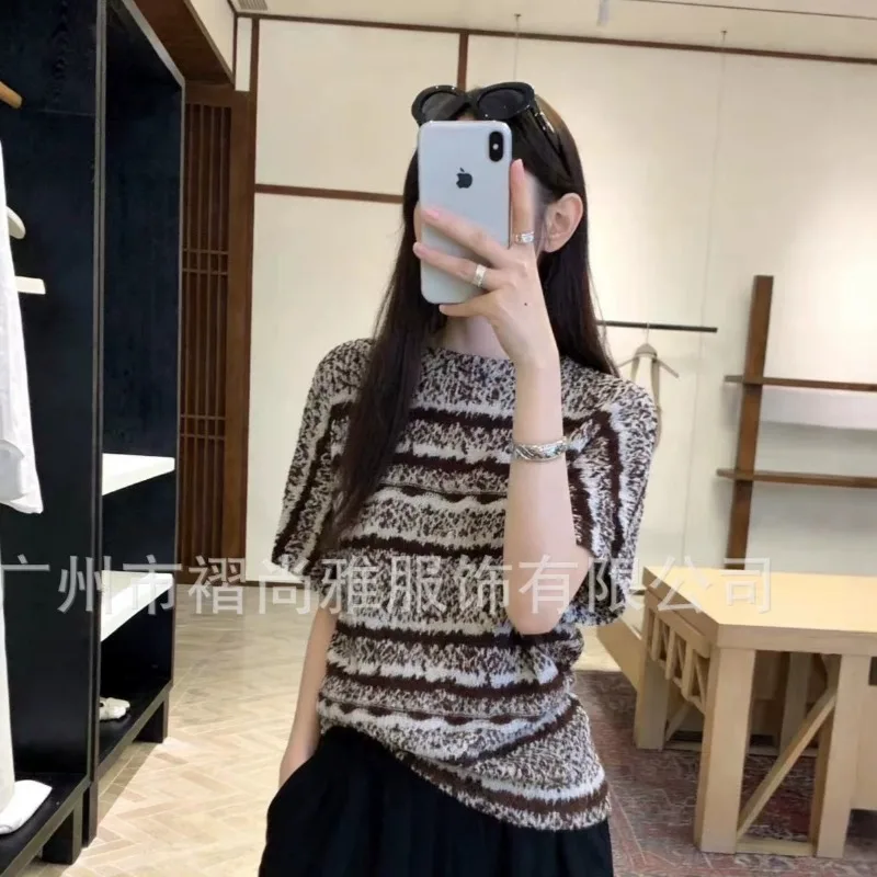 

Miyake Pleated Striped Print T-Shirt Plisse 2026 Summer New Hollow Knit Print Fashion Versatile Commuter Casual Pleats Top Women