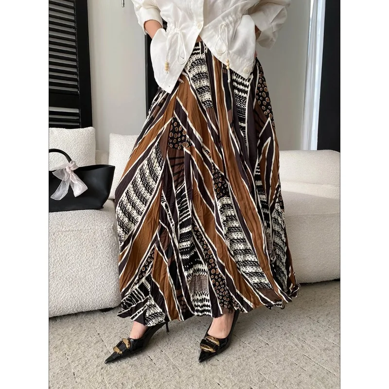 Sisann Pleated Texture French Artistic Print Elastic High-Waisted Skirt Women Print High Waist Skirt Hem Flowy Skirt Casual 7F43