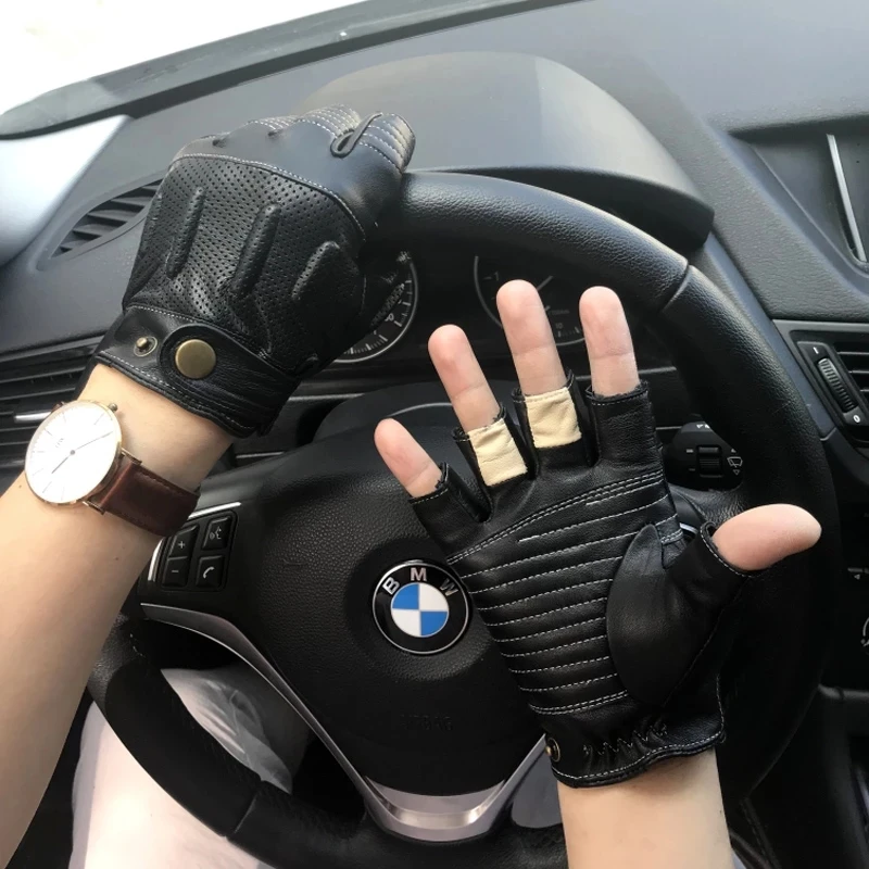 Man Goatskin Half Finger Glove NEW Autumn Mens Motorcycle Leather Gloves Male Semi-Fingers Non-slip Breathable Driving Mitten