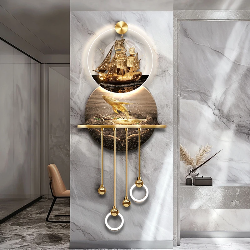 Luxury LED luminous sea mural gold sailboat home decoration wall light acrylic painting and diamond decorative wall art