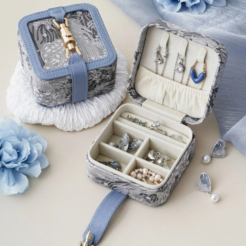 صندوق مجوهرات مطرز، حقيبة تنظيم مجوهرات الأزهار مع رباط، صندوق تخزين هدايا محمول لخاتم أقراط القلادة