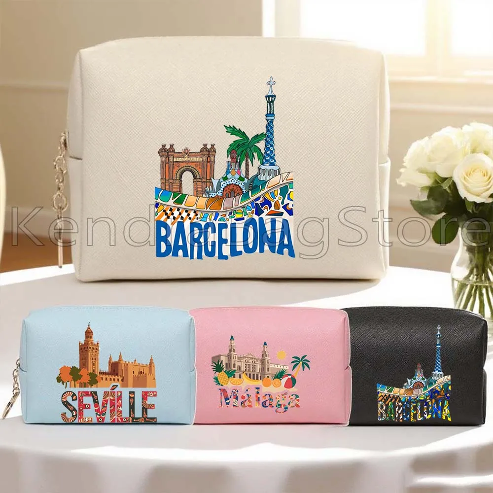 

Barcelona Park Güell Madrid Spain Seville PU Leather Travel Cosmetic Bag Pouch Women Makeup Case Waterproof Toiletry Storage Bag