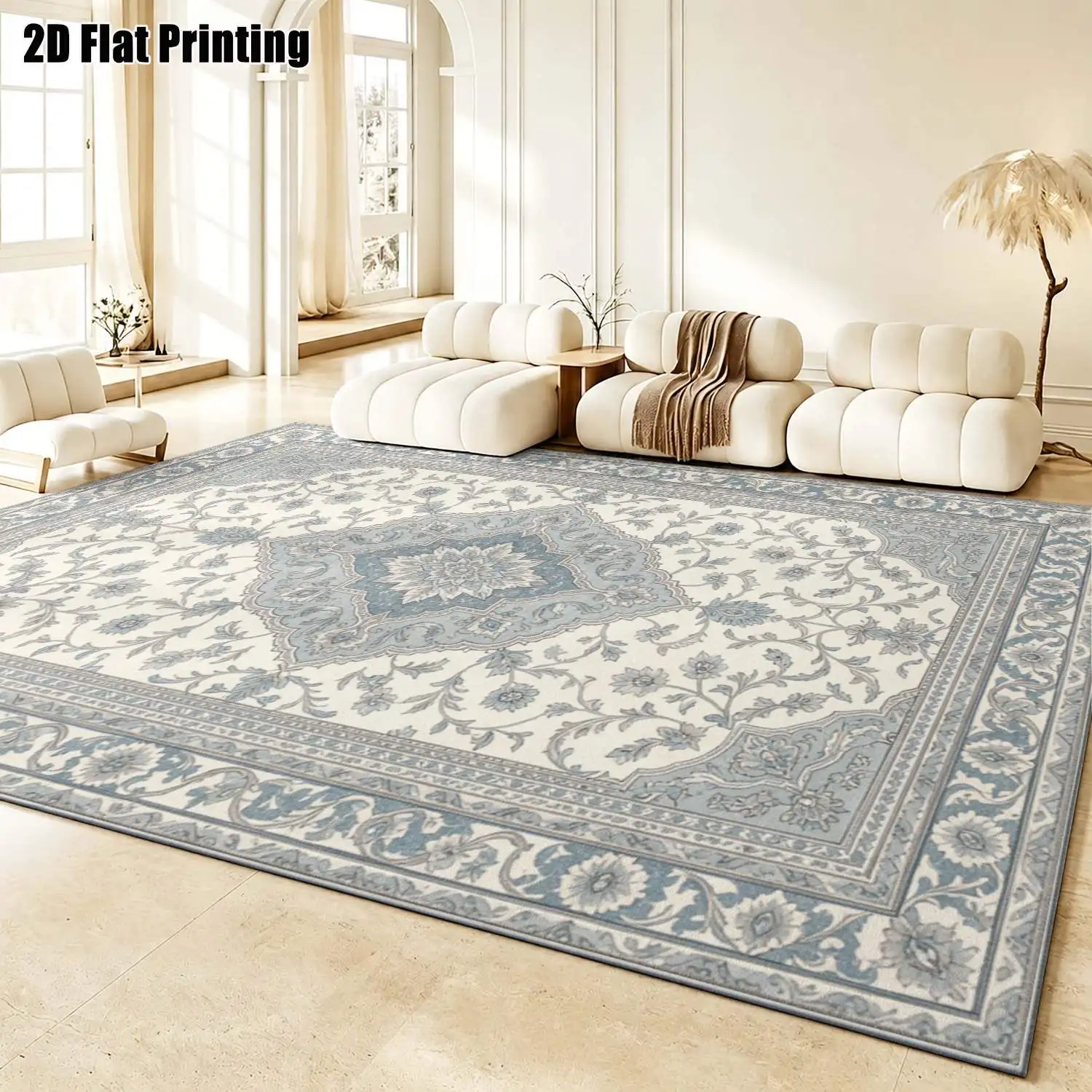 1Pc 2D Printed Retro Blue-Grey Scrolling Floral Carpet, European Minimalist Home Decor, Multi-Size Machine Washable, for Entryway, Dining Room, Foyer, Study, Living Room, Bedroom