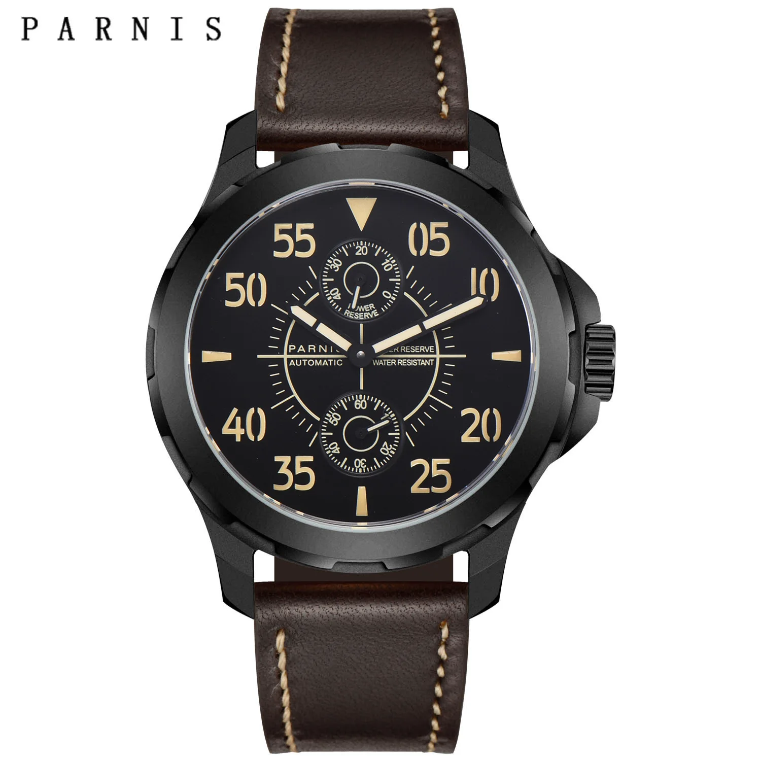 ファッションパーニス自動腕時計メンズ 44 ミリメートルブラックケース機械式時計パワーリザーブ自動日付男性トップの高級ブランドリロイやつ