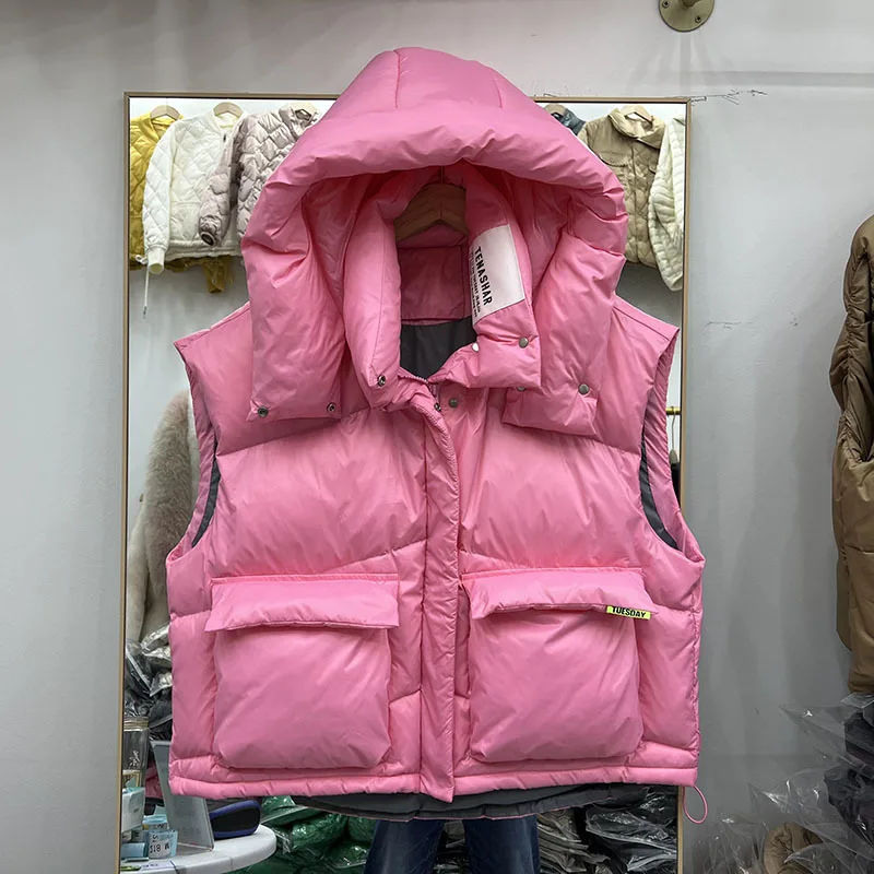 Winter 2023 New Down Jacket Women\'s Fashion Sleeveless Hooded Label Candy Color White Duck Down Coat куртка зимняя женская