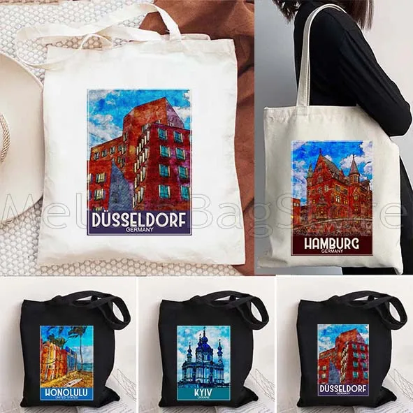 باريس دوسلدورف هامبورغ هونولولو كيو كيوتو حقيبة كتف قماش Harajuku موضة عادية حقائب كتف القطن حمل حقيبة المتسوق #1