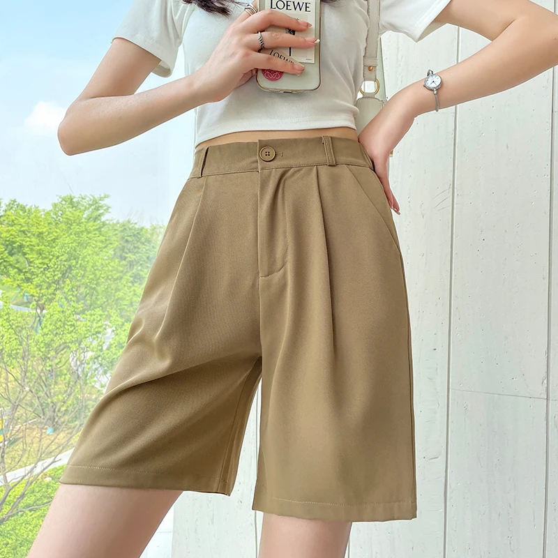 

Simplicity Commute Summer Women's Solid Color High Waist Pockets Suit Pants Fashion Versatile Loose Straight Knee Length Shorts