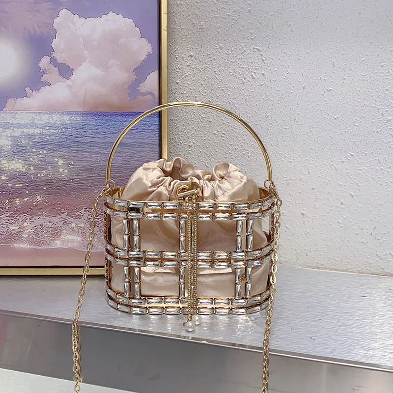 Metal Shiny Ineffectual Water Diamond Hollow Simple Vegetable Basket Banquet Silk Satin Bucket Messenger Bag