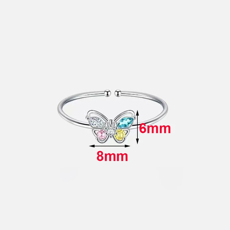 Real 925 Sterling Silver Colored Zircon Butterfly Adjustable Ring For Women Cute Insect Fine Jewelry Niche Design Accessories