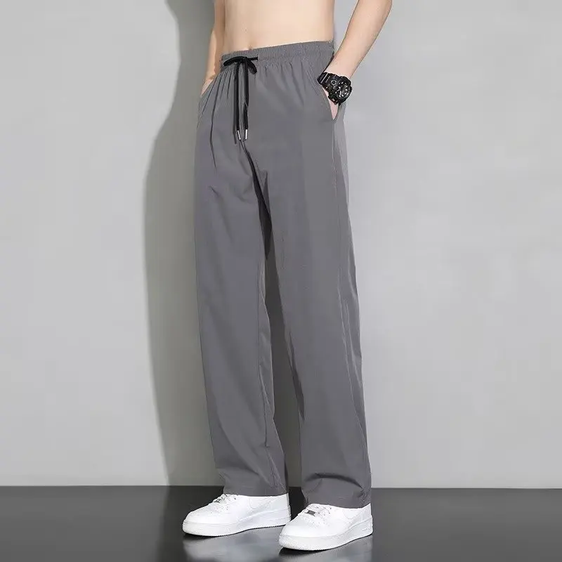 

Men's Summer Ice Silk Straight Leg Spor Casual Pants Thin Loose Fit Polyester Fiber Pure Color Versatile Comfortable Trousers