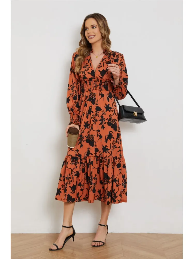 مزاجه الخامس الرقبة موضة فساتين طويلة الأزهار عالية الخصر سليم كم طويل فستان مُزين بطباعة جديد بوهيميا فساتين غير رسمية للنساء