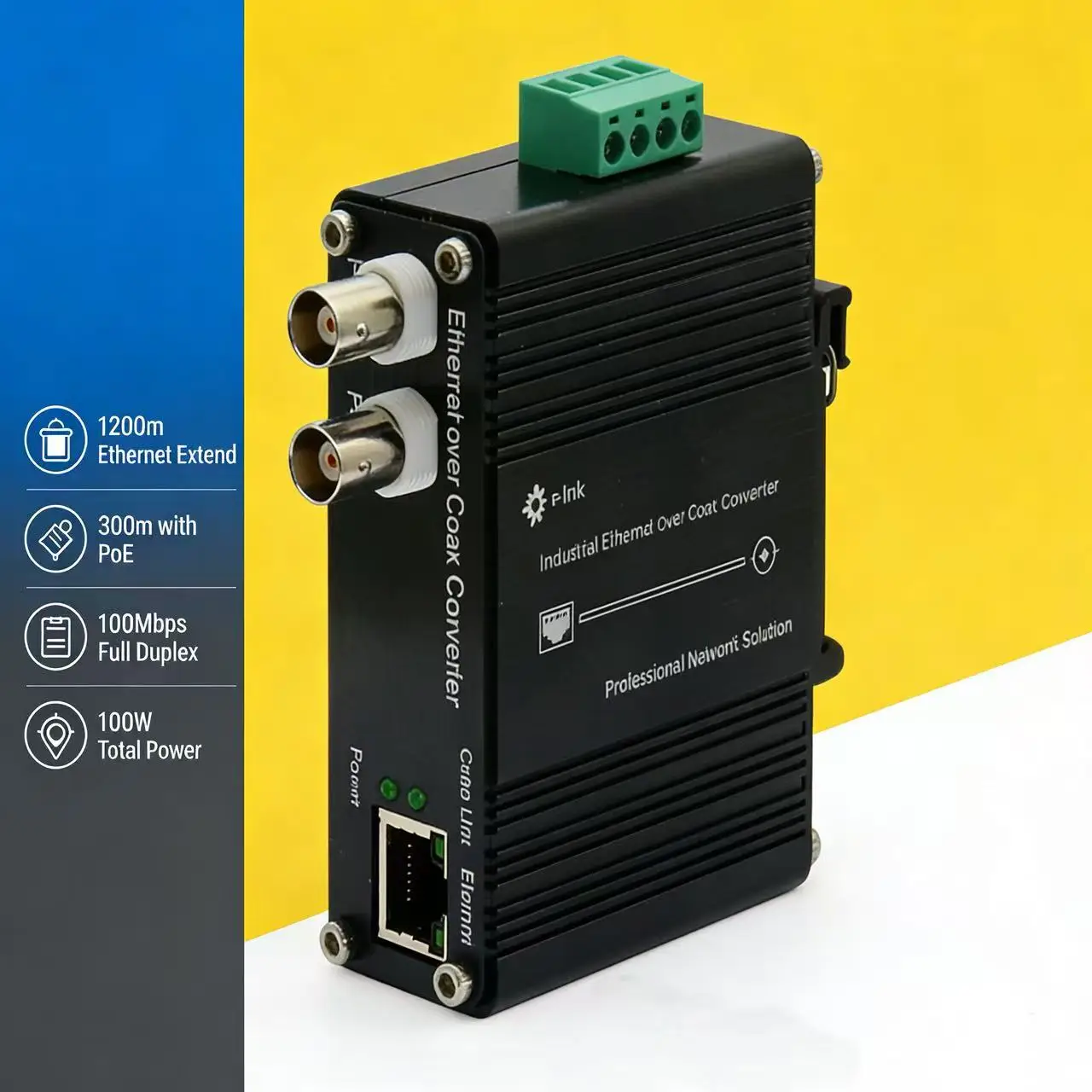 DIN-Rail Industrial 10/100Base-TX Ethernet over Coax Extender
