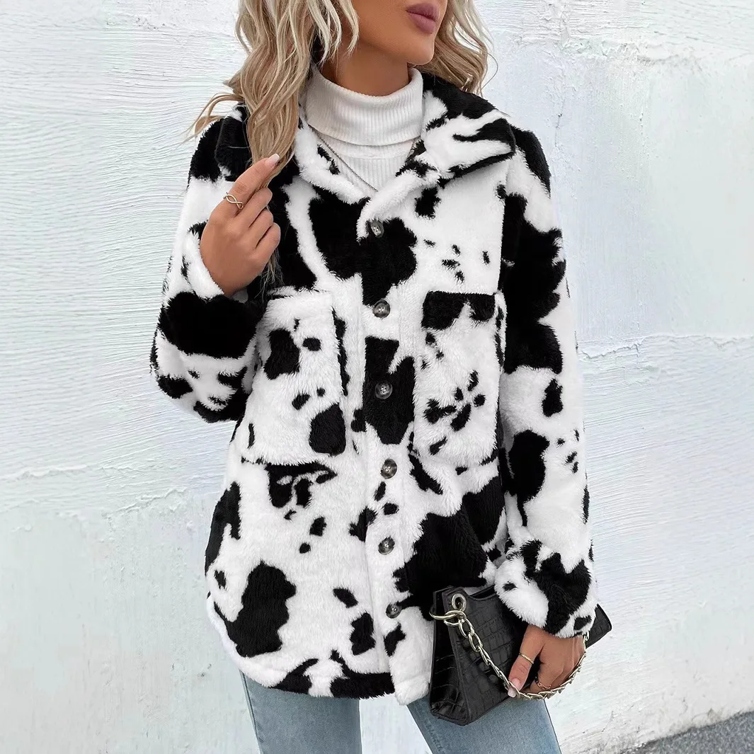 

Plush Casual Short Hooded Jacket Autumn Winter Print Thick Pocket Warm Coat Long Sleeve Loose Cardigan Soft Femme Hooded Coat
