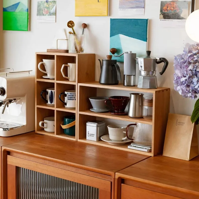 Modern Solid Wood 9-Grid Display Shelf Organizer Minimalist Tea Cup Storage Rack for Living Room Coffee Corner