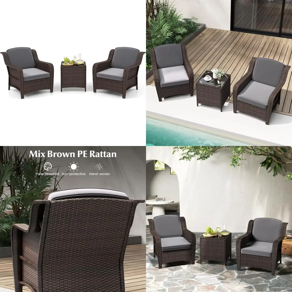 

Комплект мебели для патио Patiojoy из 3 предметов со стульями из полиэтиленового ротанга, подушками и журнальным столиком из закаленного стекла