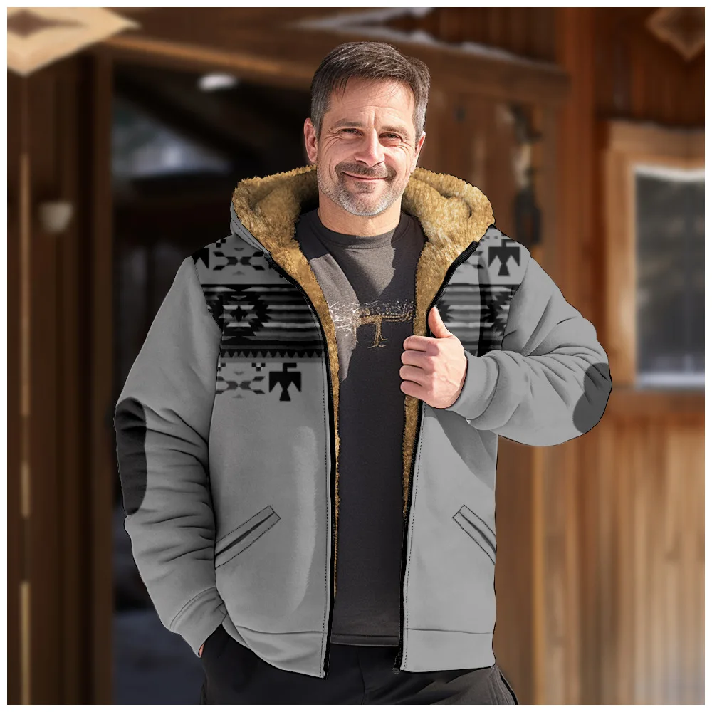 New Creative Pattern Hooded Sweater with Casual Printing Long Sleeve Zipper Sweater Thick Cotton Coat Winter A05