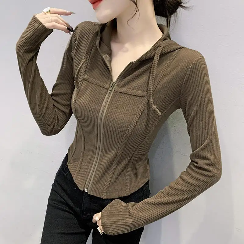 

Fashion Solid Color Lace Up Hooded All-match Zipper T-Shirt Women's Clothing 2022 Autumn New Casual Tops Loose Korean Tee Shirt