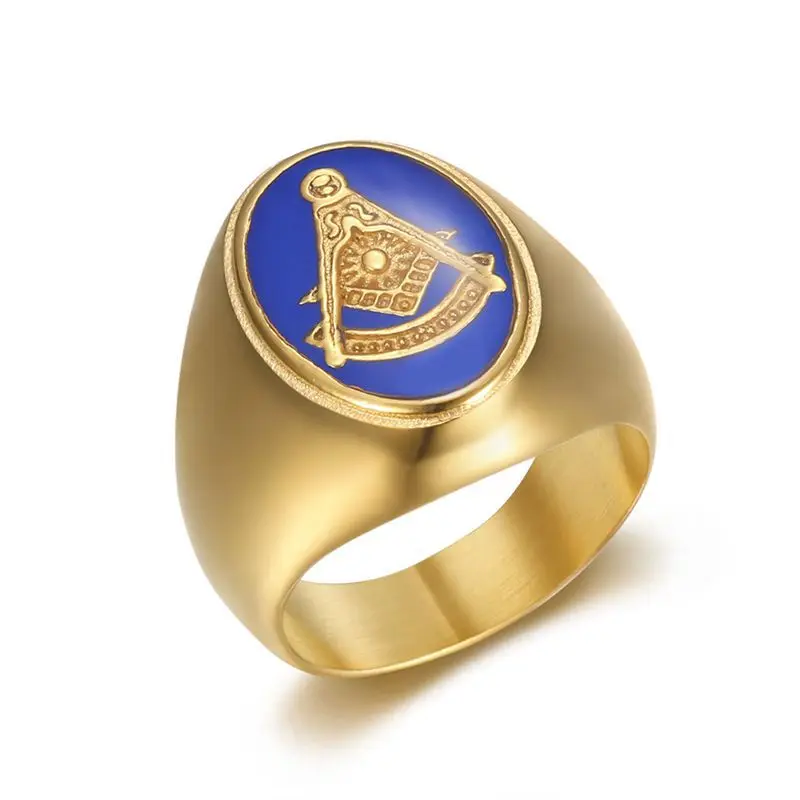 ULJ Vintage Gold Blue Color Side for Men\'s Jewelry Freemason Symbol G Templar Freemasonry Male Stainless Steel Rings