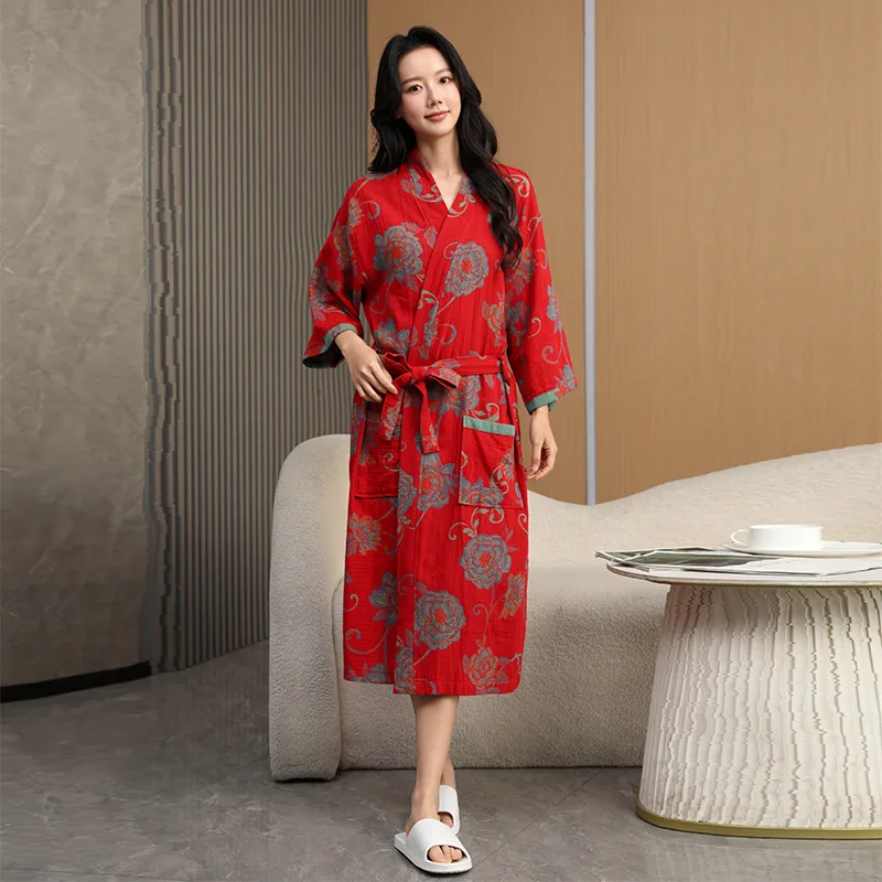 Spring Summer Cotton Double Layers Gauze Bathrobe Thin Home Clothing Japanese Style Kimono Robe Pajama