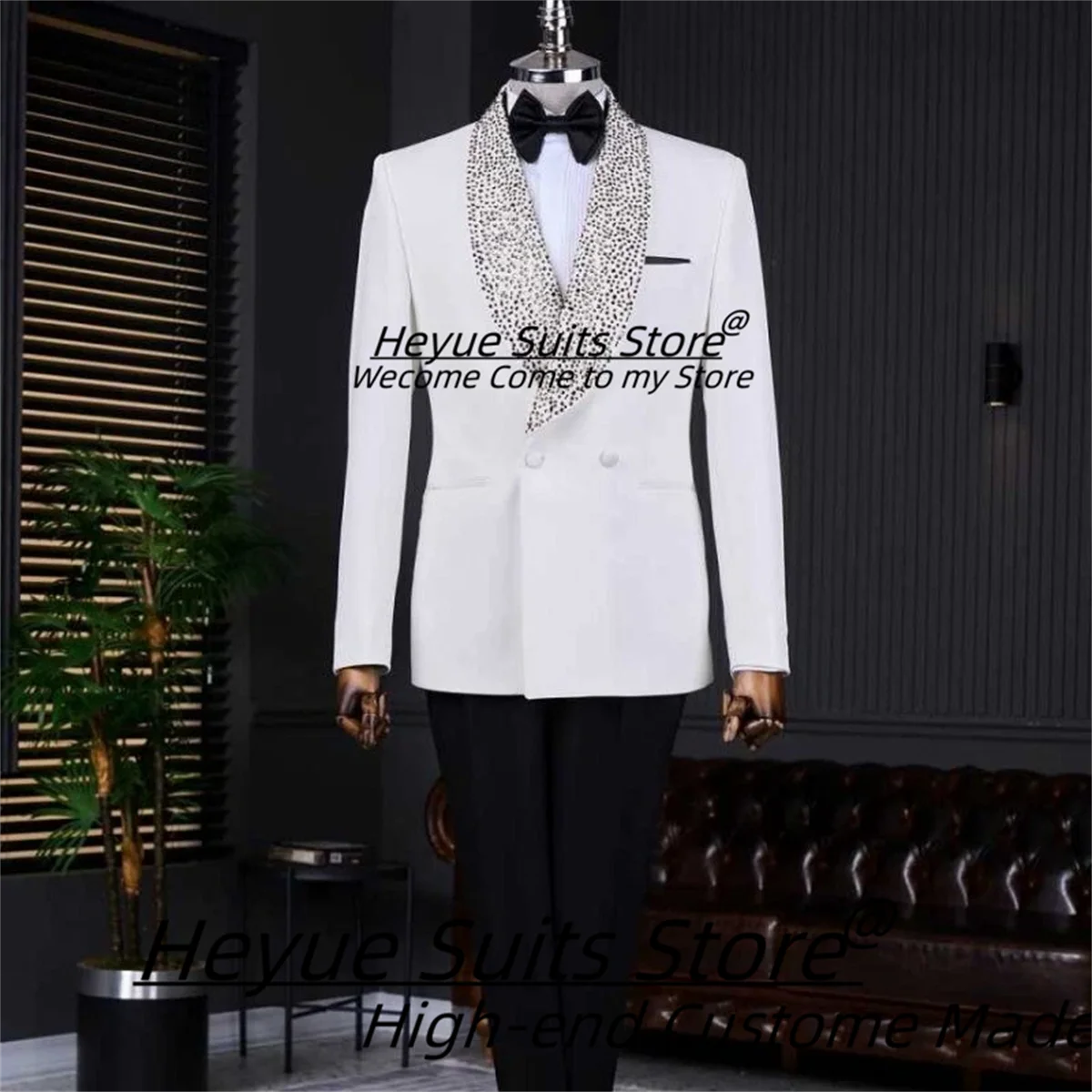 White Luxury Diamonds Banquet Evening Men Suits Customized Male Party Blazers Slim Groom Wedding Tuxedos 2 Pcs Sets Ropa Hombre