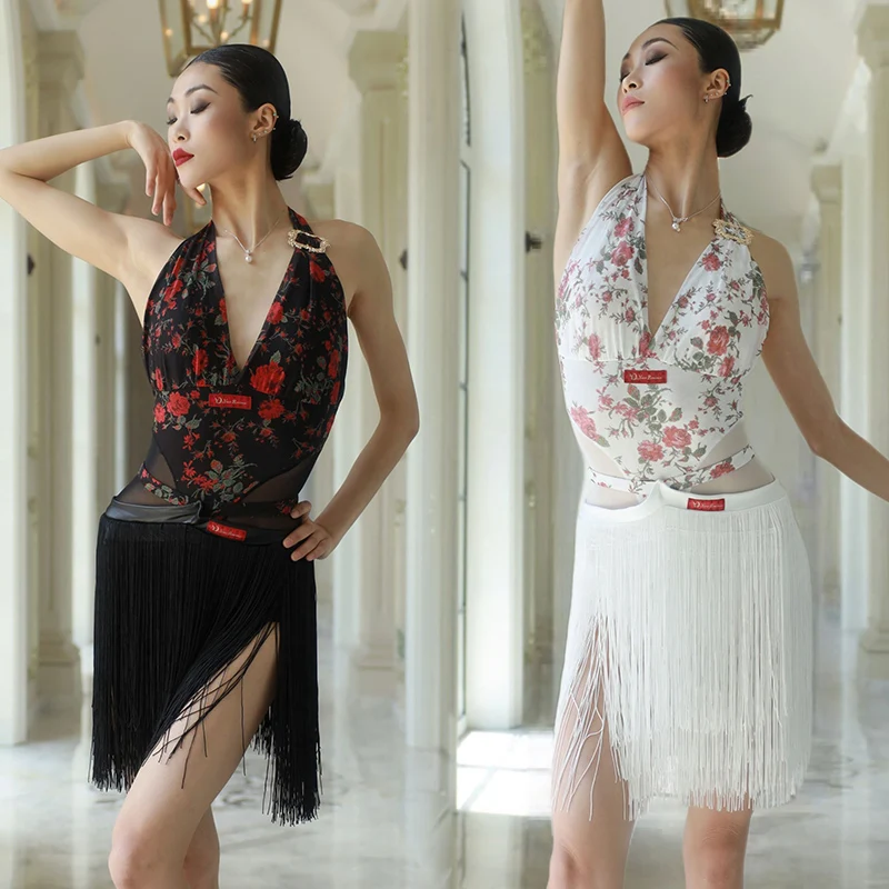 

New Latin Dance Costume Rose Print Tops Fringed Skirt Adult Club Performance Practice Clothing Stage Competition Dress DNV23323