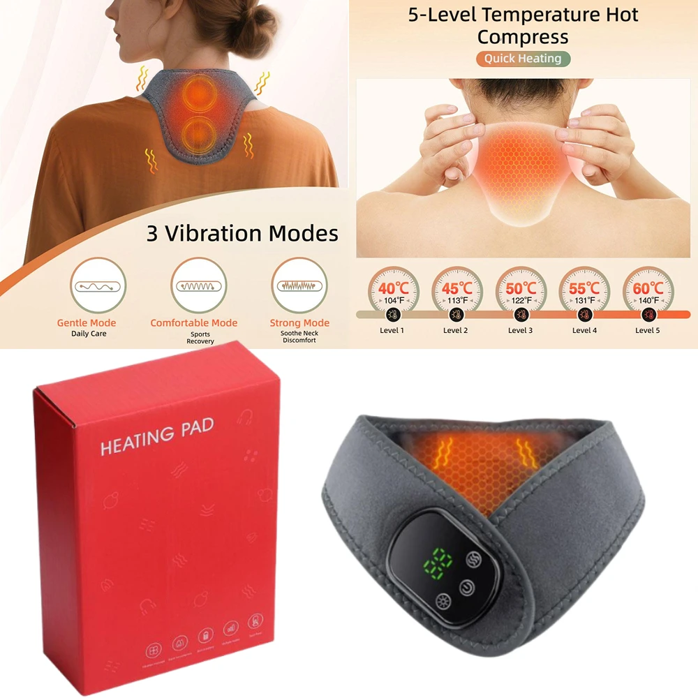 

Wireless Neck Heating Pad Electric Vibration Massage Heated Neck Wrap for Neck & Shoulder Rechargeable Neck Warmer Portable