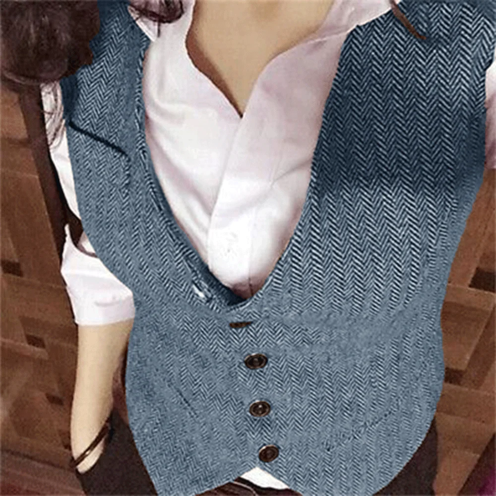 V Neck Collarless Classic Women\'s Vest 2024 Comfortable Women Knit Vests Female Waistcoat 2024 Herringbone Tweed Casual Jackets