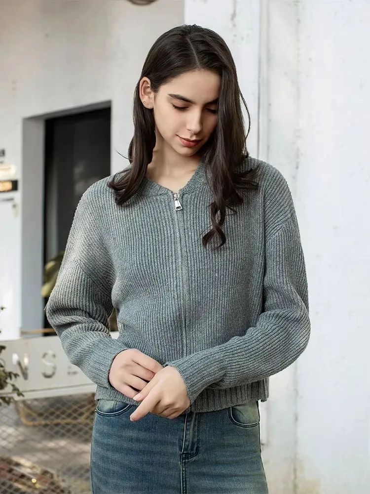 

HH Women's Casual Zipper Solid Color Long Sleeve Sweater Jacket Vintage O-Neck Knitted Cardigan Autumn Winter Coat Outerwear
