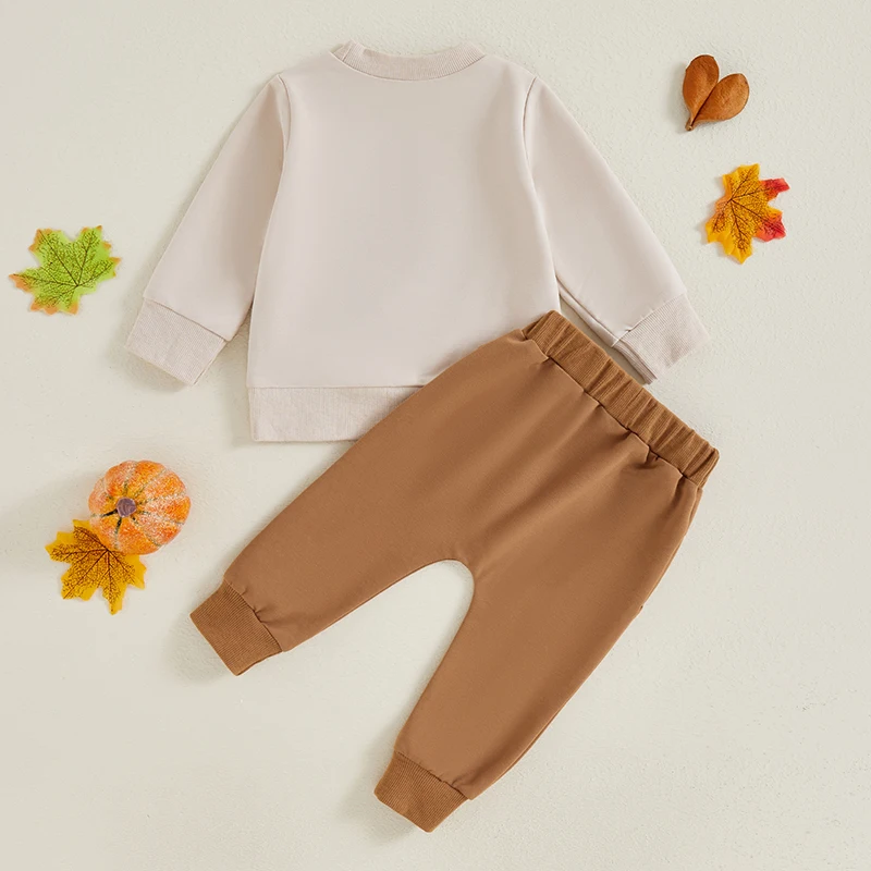 2024-06-01 Lioraitiin Baby Pants Set, Long Sleeve Crew Neck Embroidery Turkey Sweatshirt with Pants Thanksgiving Outfit