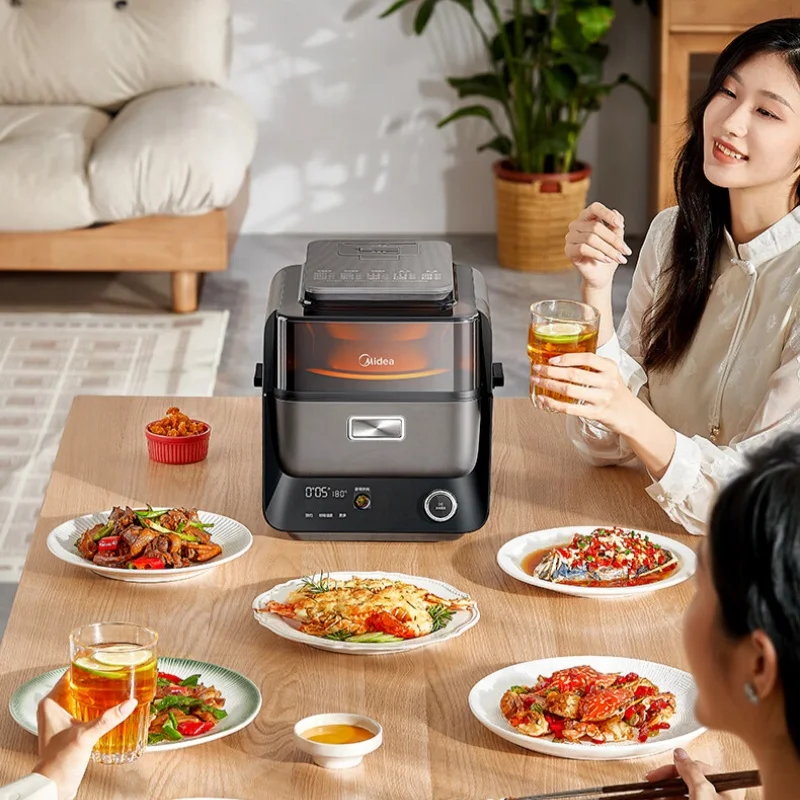 مقلاة هوائية ذكية متعددة الوظائف من ميديا مع نافذة مرئية بدون زيت قابلة للطي وشاشة لمس ثلاثية الأبعاد للطهي للاستخدام المنزلي في المطبخ
