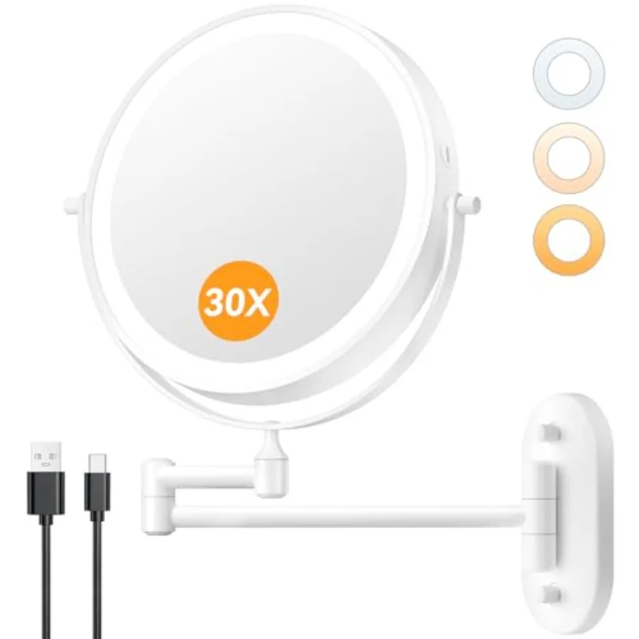 

Wall Mounted Makeup Mirror with 1X/30X Magnification 8-Inch Rechargeable Double-Sided Mirror Featuring Dimmable 3-Color Lightin