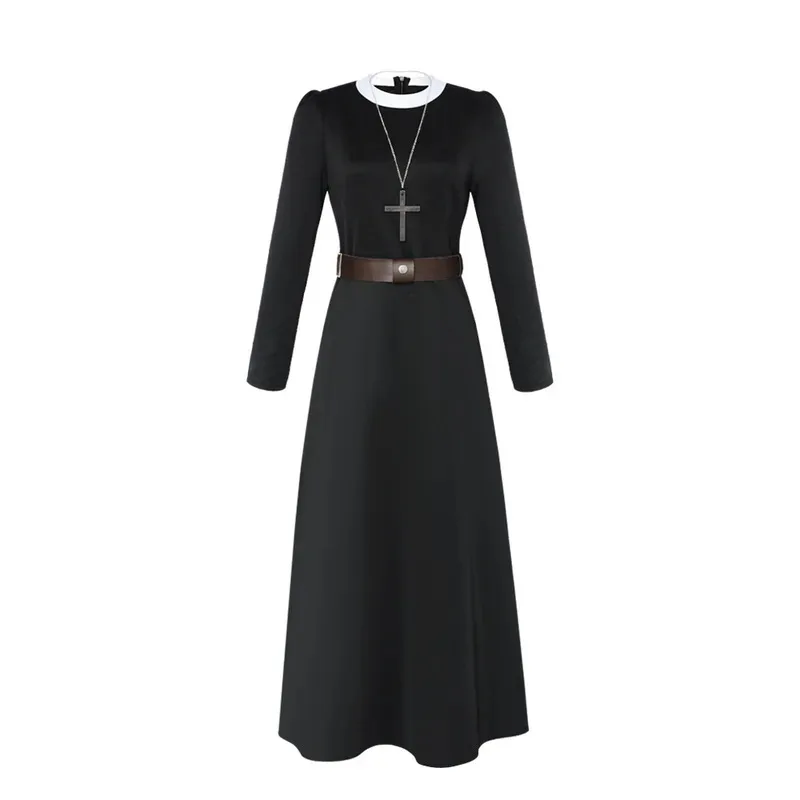 Halloween cosplay costume movie conjuning 2 nun costume, deadnun cosplay women black dress cross necklace belt party suits