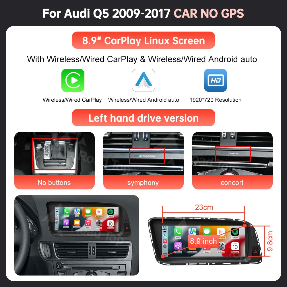 1920*720 RoadTop Linux Touchscreen Multimedia Display Voor Audi Q5 2009-2017 Met Draadloze CarPlay Android Auto Airplay Autolink
