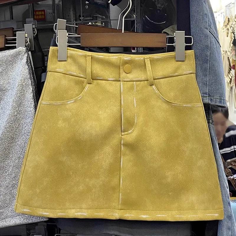 Women High Waist Retro Yellow Faux Leather Mini Skirt Slim Fit A-Line Skirt Autumn Winter